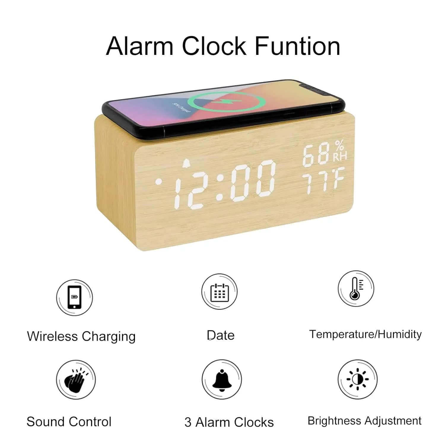 WOODEN TABLE CLOCK WITH WIRELESS CHARGING 