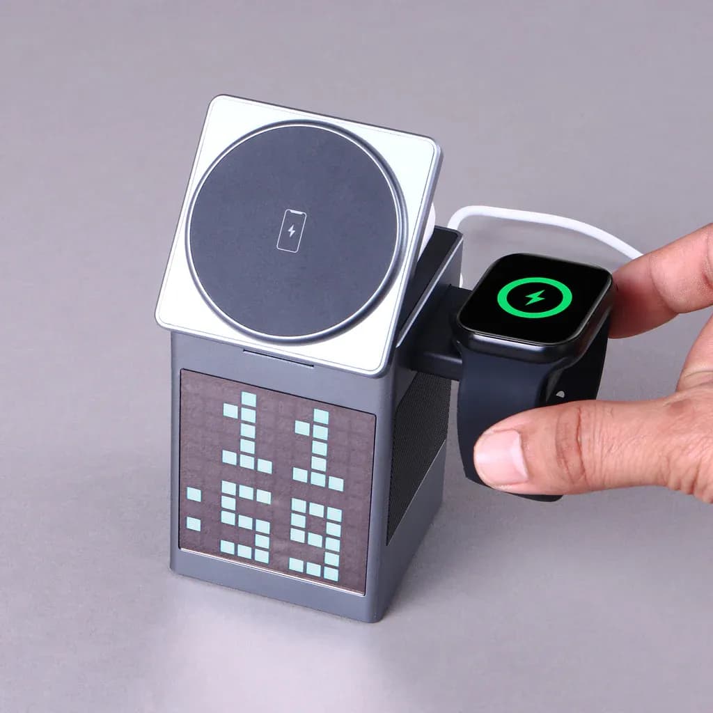 5-in-1 Wireless Charger with Bluetooth Speaker and digital clock 